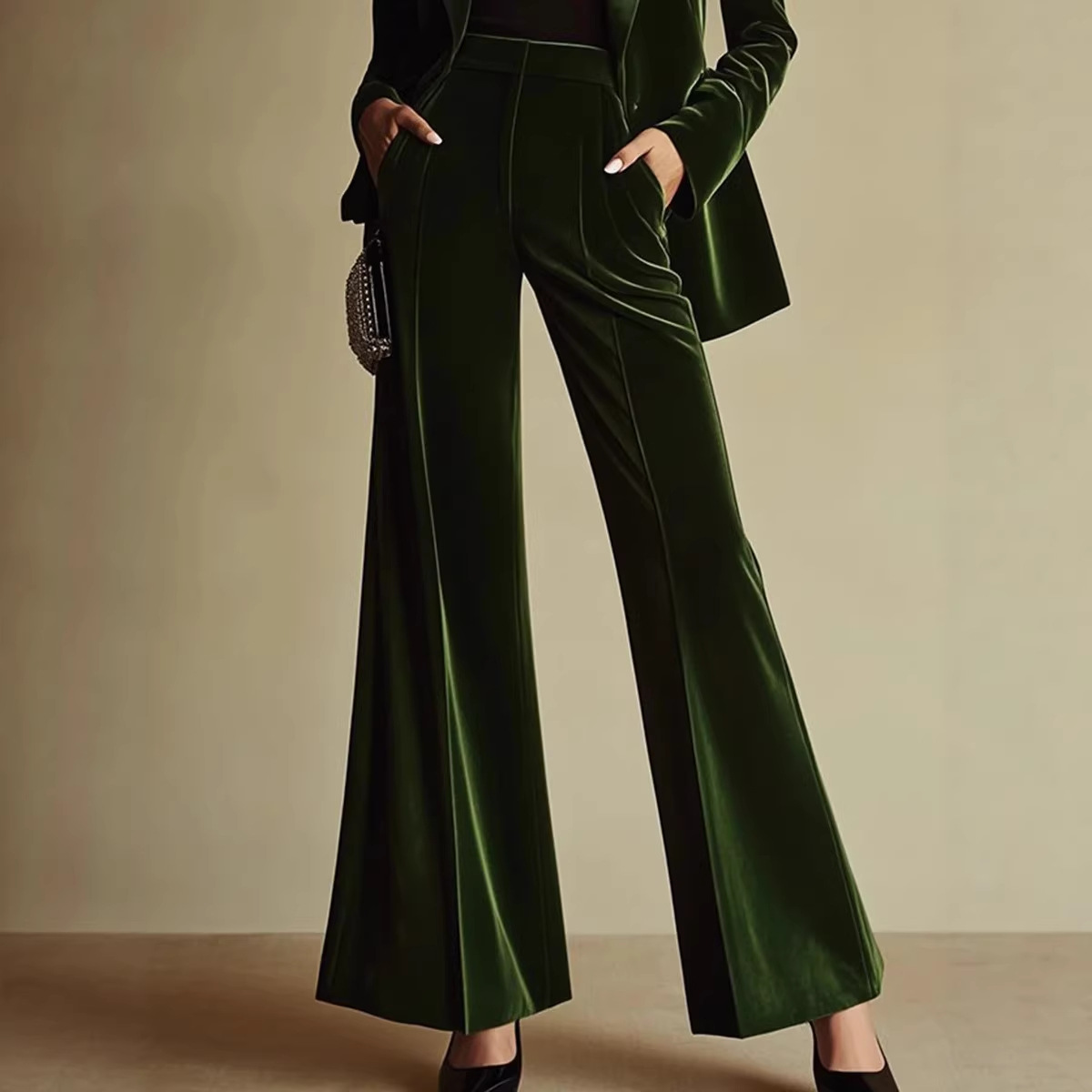 Velvet Blazer and Slim Pants Two-Piece Set for Women
