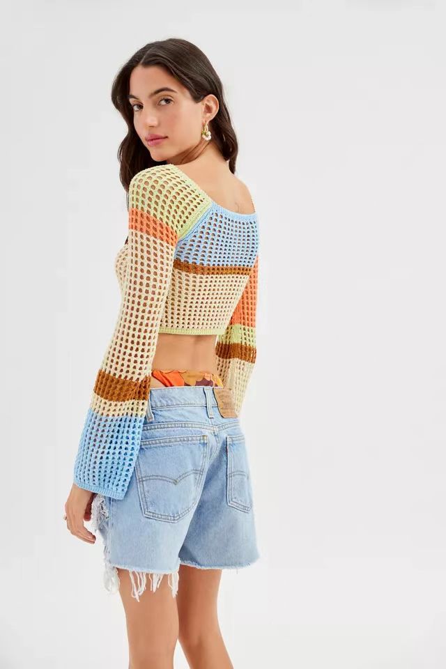 Women's Color-Block Hollow-Out Long-Sleeve Cropped Knit Top