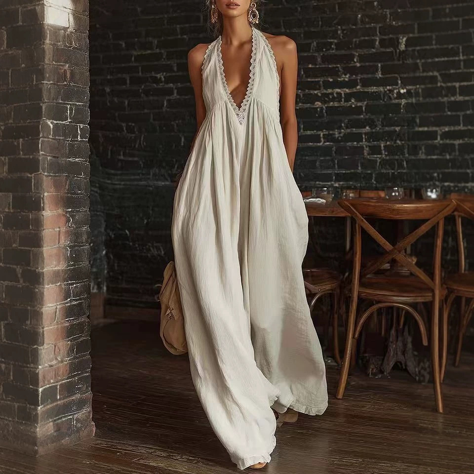 Women's Lace-Trim Loose Linen Jumpsuit Casual Elegant Sleeveless Straight-Leg