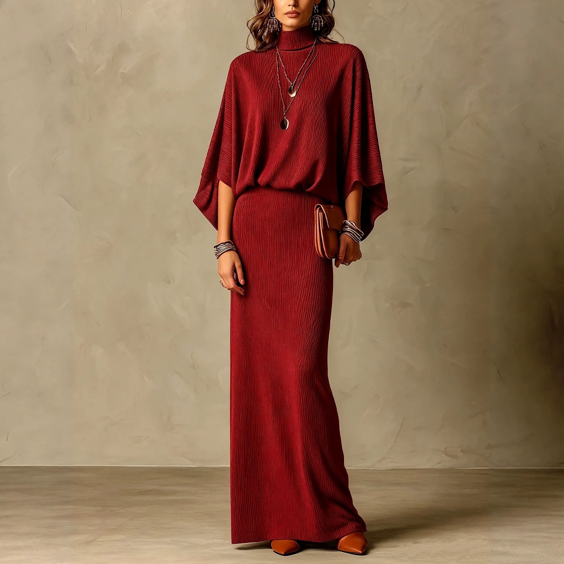 Solid Ribbed Batwing Sleeve Two-Piece Skirt Set