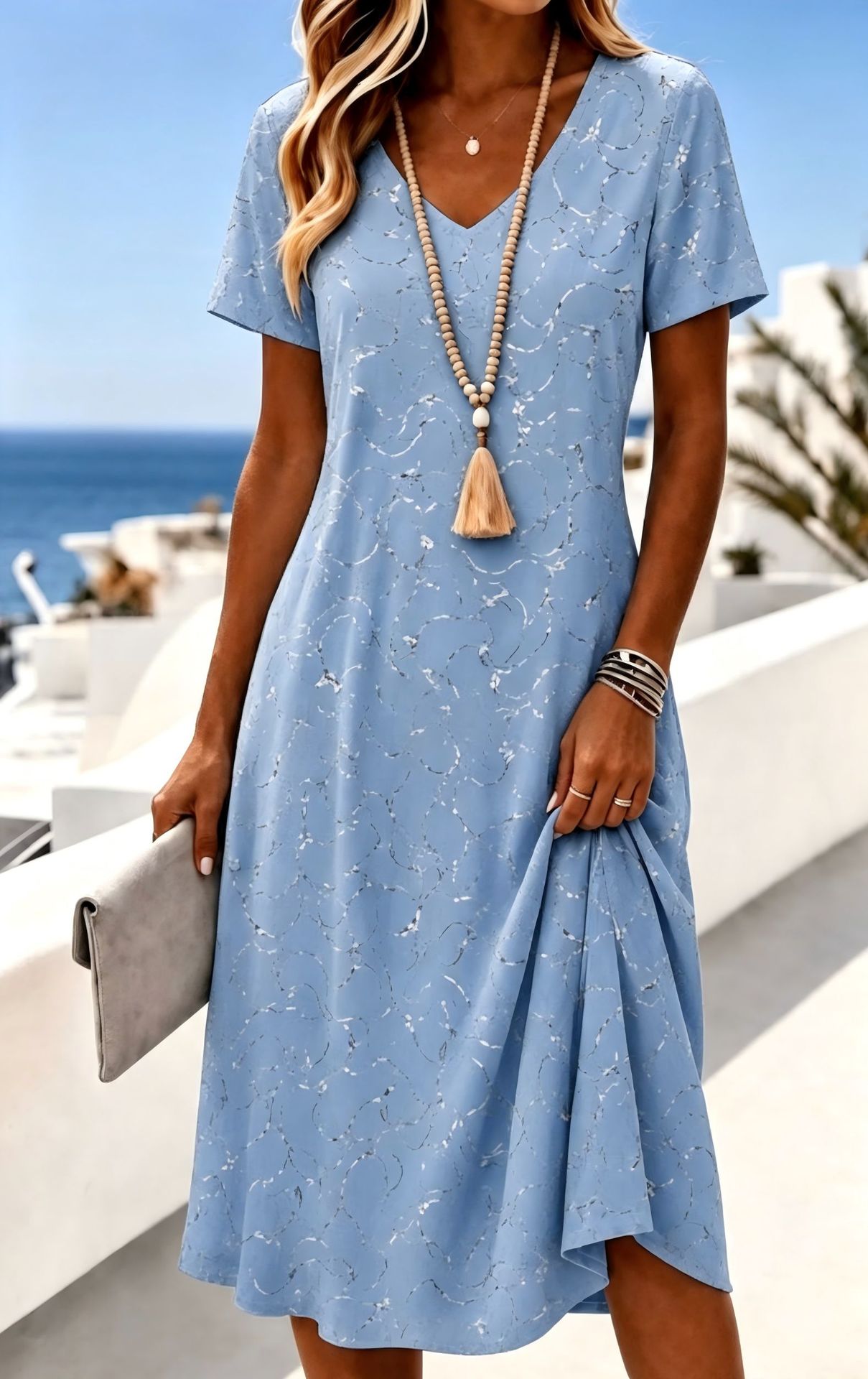 Women's Floral Print Casual Midi Dress Short Sleeve Deep V-Neck Slim Fit