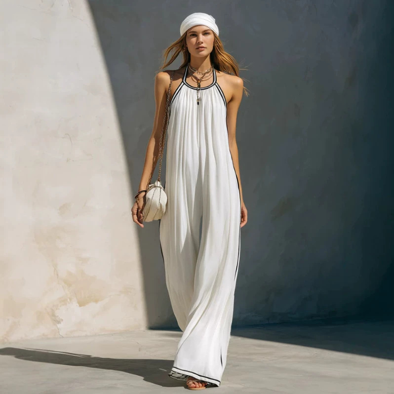 Elegant White Chiffon Piped Sleeveless Jumpsuit