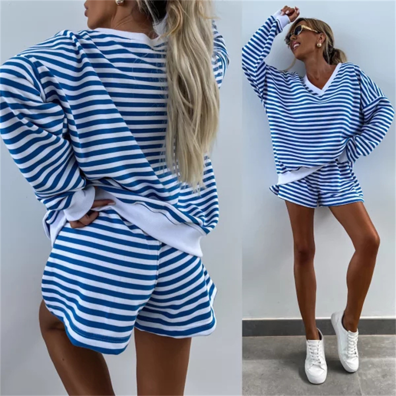 Women's Striped Long Sleeve V-Neck Loose Top and Shorts 2-Piece Set