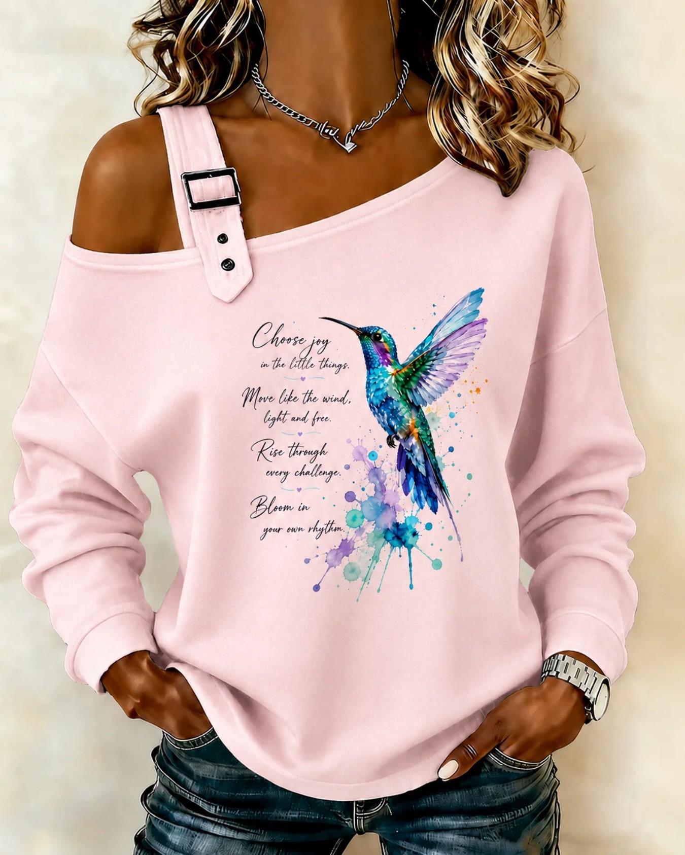 Swan Hummingbird Floral Print Crewneck Long Sleeve Pullover Sweatshirt