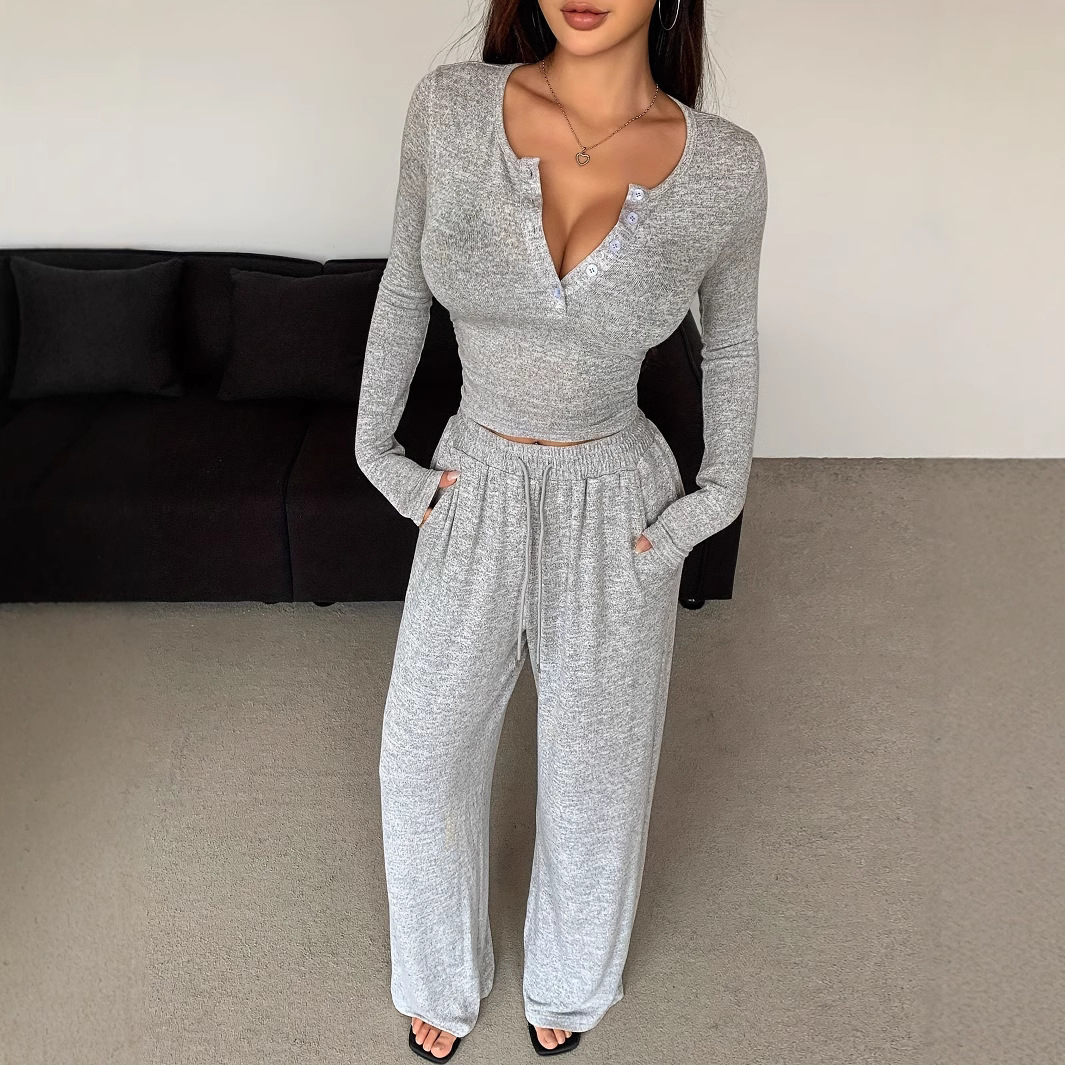 Women's Long Sleeve Button-Front Solid Slim Top and Pants Two-Piece Set