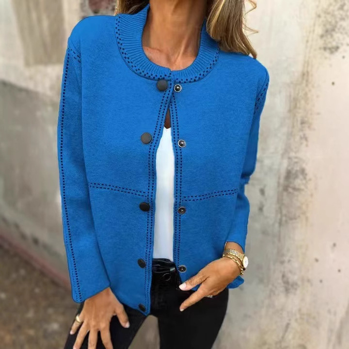 Striped Loose Crewneck Button-Front Long-Sleeve Cardigan Sweater