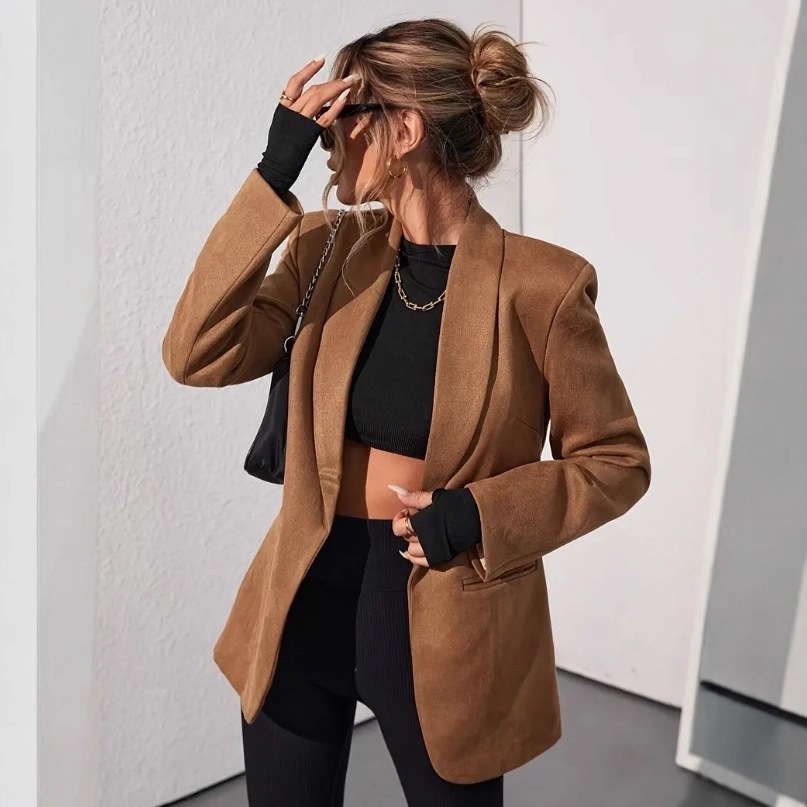 Women's Faux Suede Blazer Jacket Solid Color Long Sleeve