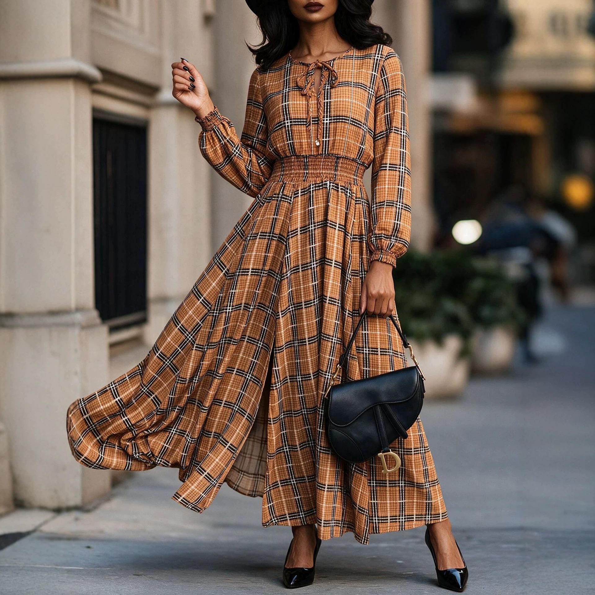 Floral Print Long Sleeve V-Neck Waist-Cinched Slit Maxi Dress