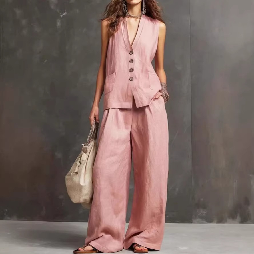 Women's Sleeveless Vest Top and Wide-Leg Pants Cotton-Linen Two-Piece Set