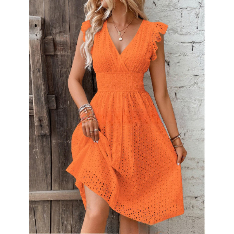 Women's Midi Dress Jacquard Hollow-Out V-Neck Slimming Plus Size Solid Color