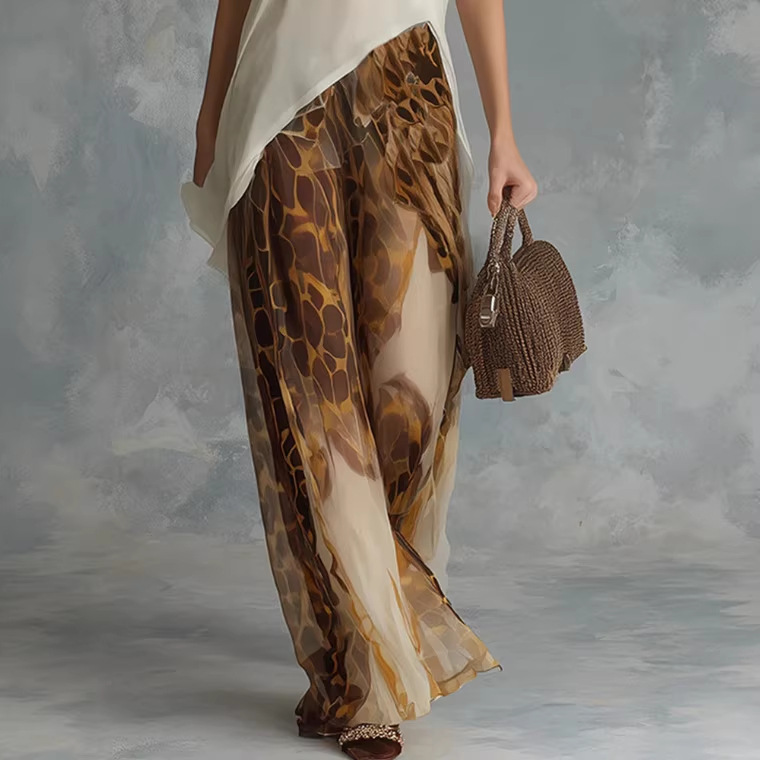 Retro Beige Asymmetric Sleeveless Top and Animal Print Wide-Leg Chiffon Pants Set