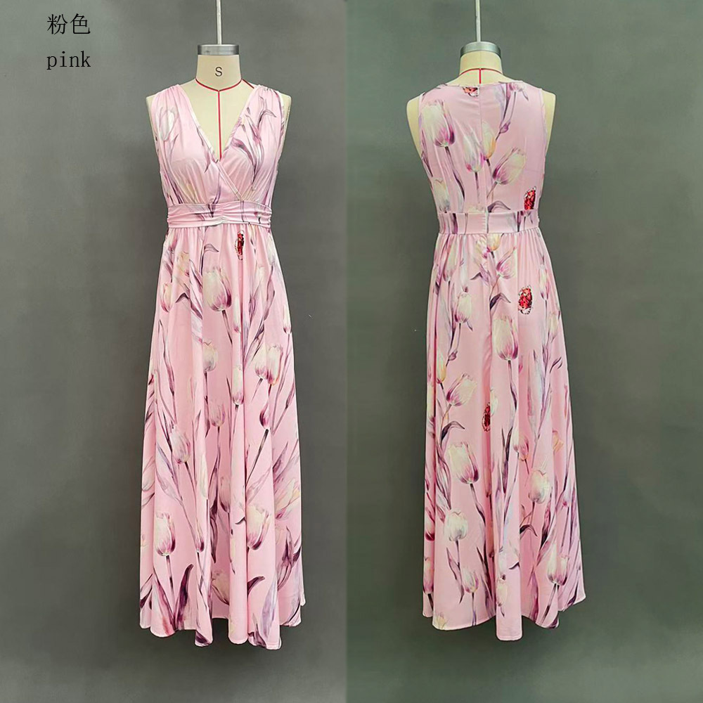 Blue Tulip Print Sleeveless V-Neck Maxi Dress