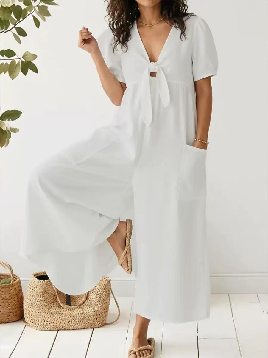 Women's Casual Loose Short Sleeve V-Neck Washed Denim Jumpsuit with Pockets