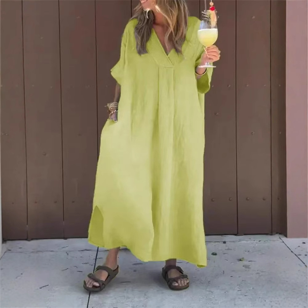 Women's Casual V-Neck Short Sleeve Solid Color Long Dress