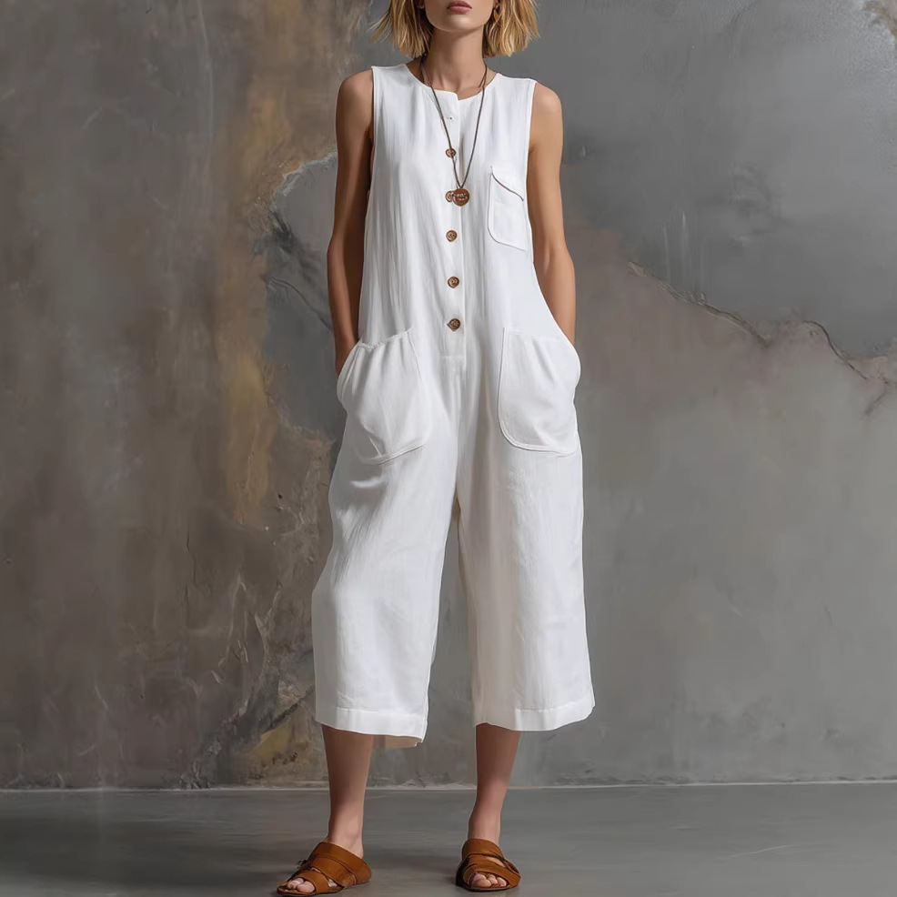 Women's Sleeveless Cotton-Linen Wide-Leg Capri Jumpsuit