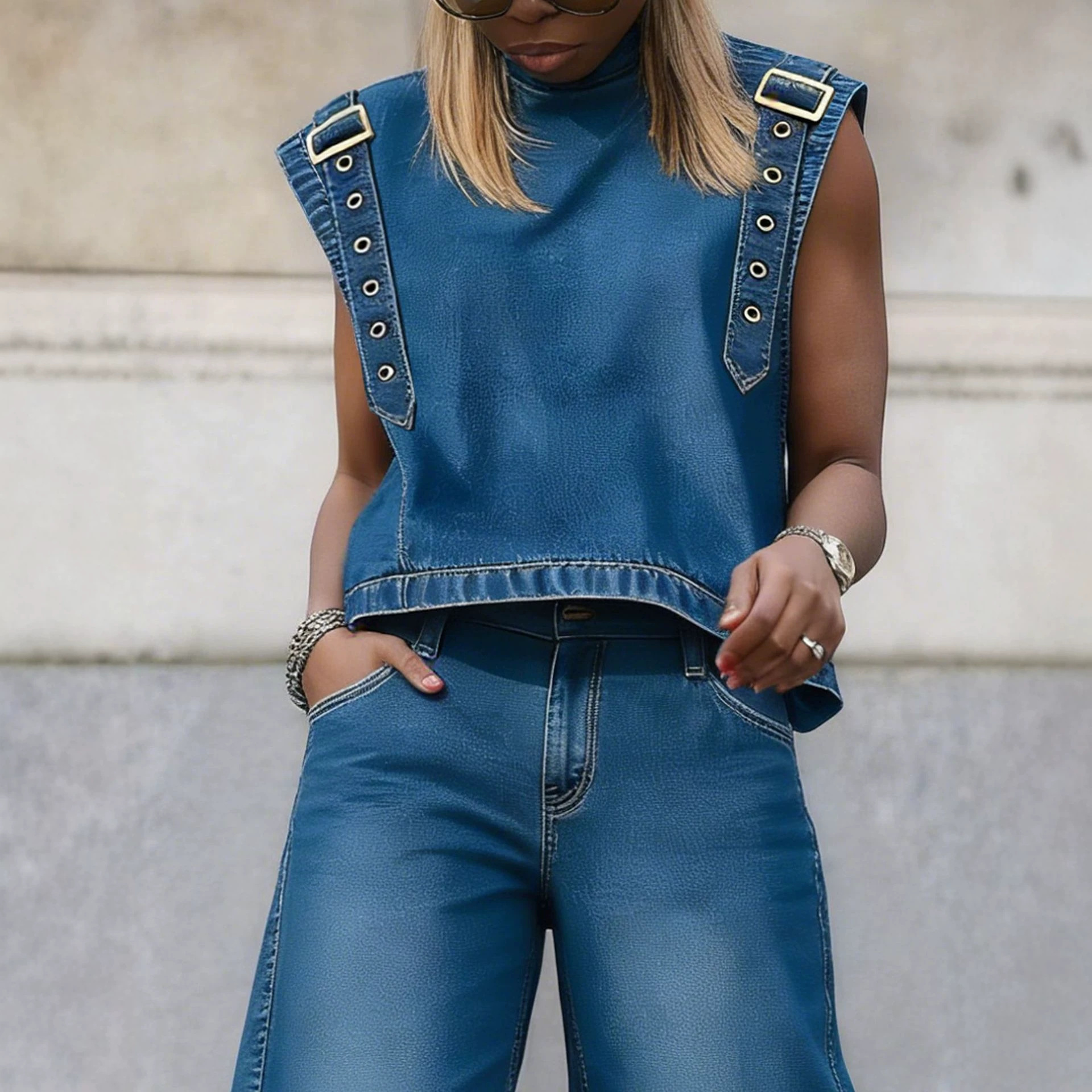 Women's Wide-Leg Straight Jeans with Metal Accents