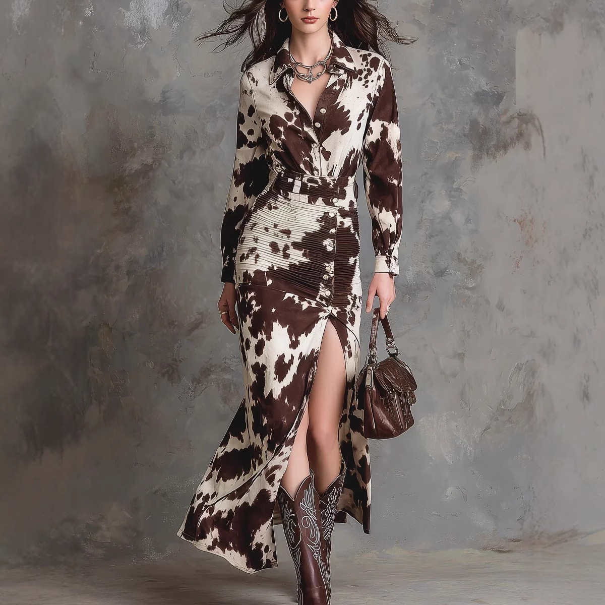 Digital Print Button-Front Shirt Dress Long Sleeve Asymmetric Hem
