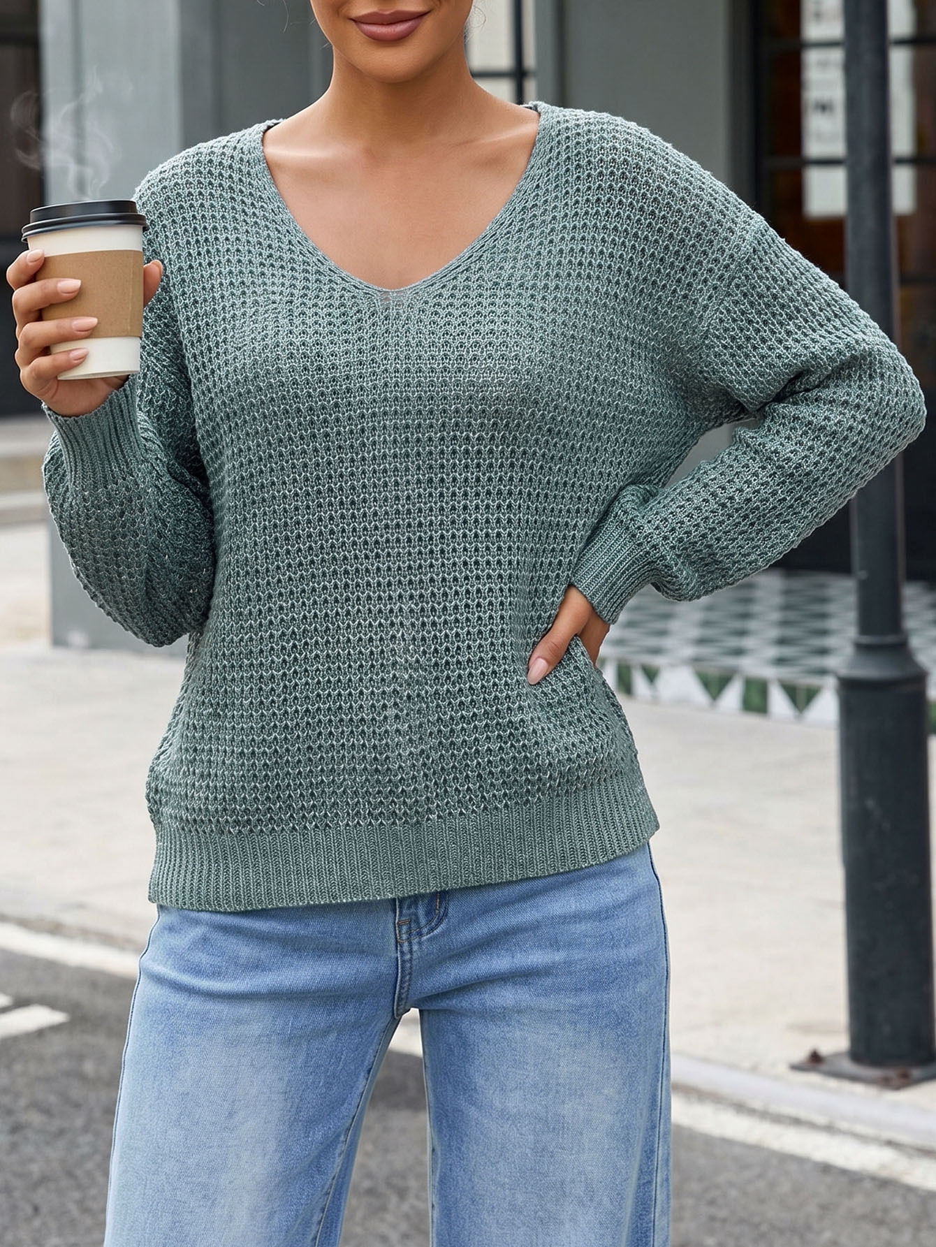 Women's Sexy V-Neck Open Back Lace-Up Cross Pullover Sweater Loose Knit Top