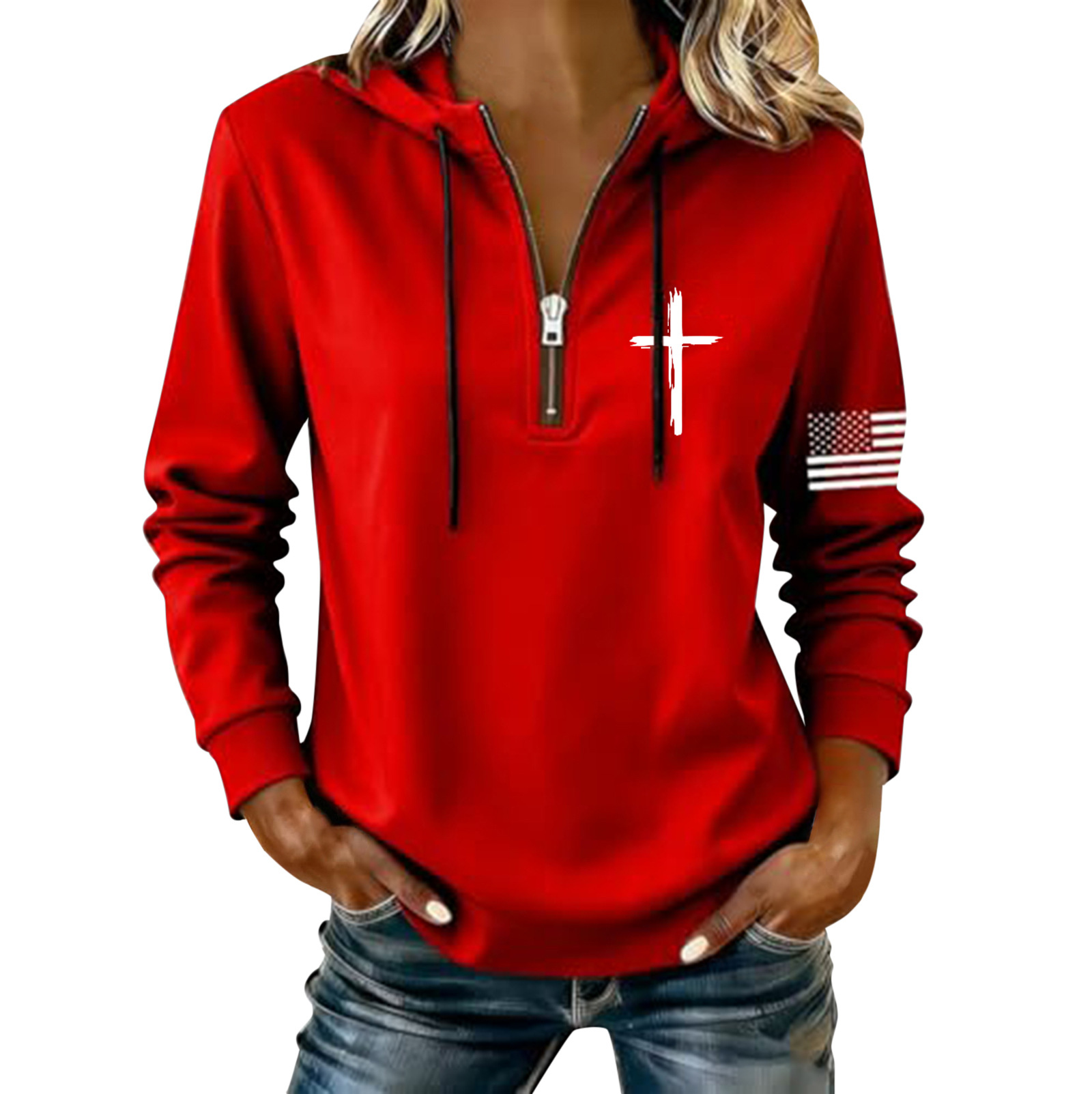 Women's Cross & American Flag Print Half-Zip Sweatshirt