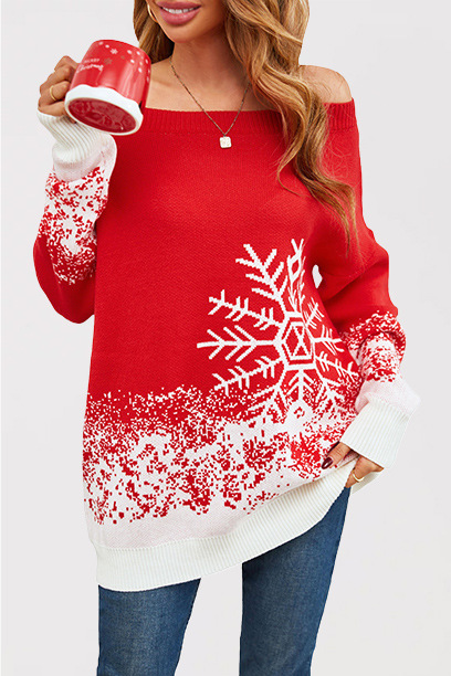 Snowflake Colorblock Off-Shoulder Christmas Sweater Plus Size