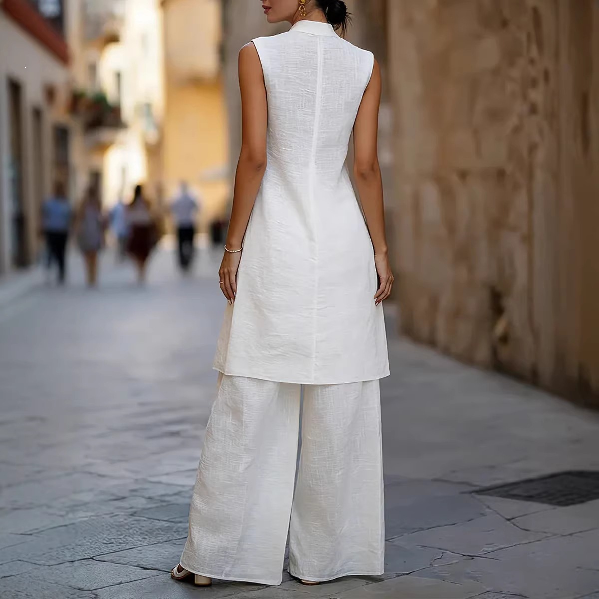 Sleeveless Cotton-Linen Shirt and Wide-Leg Pants Two-Piece Set