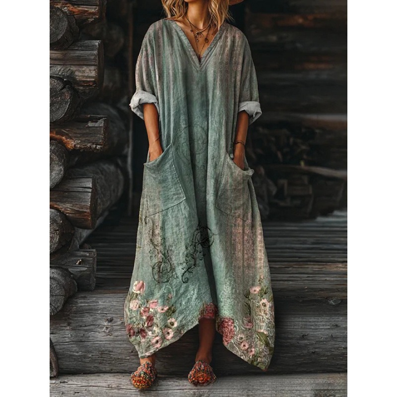 Women's Floral Ripple Print V-Neck A-Line Midi Dress Long Sleeve