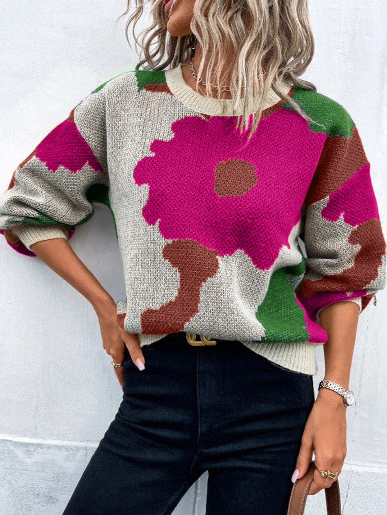 Women's Floral Jacquard Crewneck Long Sleeve Knit Sweater