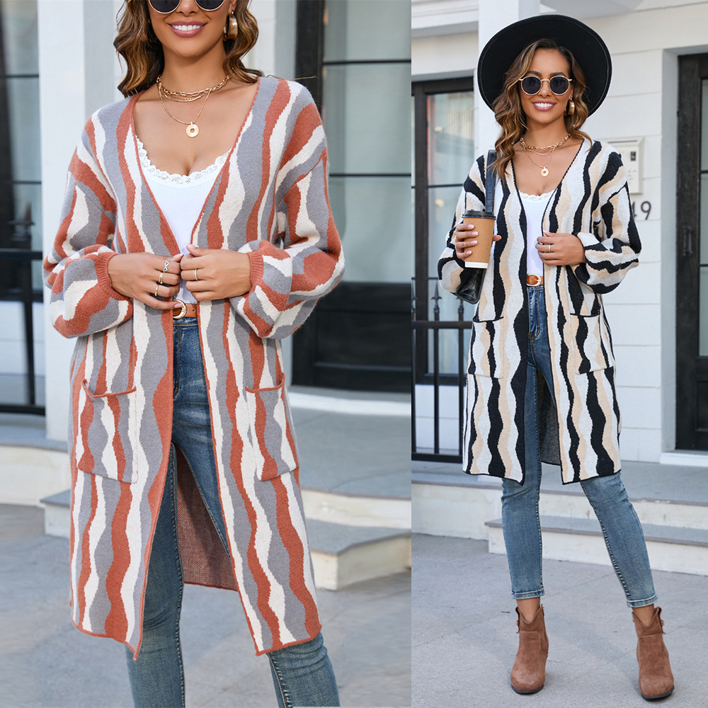 Long Spliced Knit Cardigan with Pockets for Women