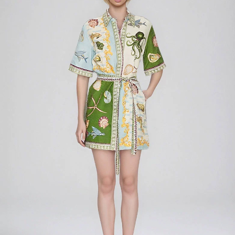 Women's Printed Collared Tie-Front Short Dress