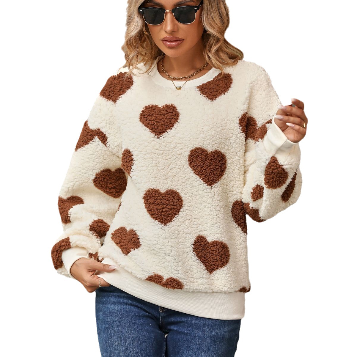 Fuzzy Fleece Heart Print Loose Long-Sleeve Crewneck Pullover Sweatshirt