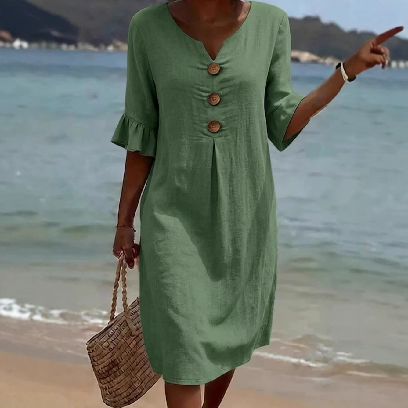 Cotton Linen V-Neck Big Button Ruffle Sleeve Dress