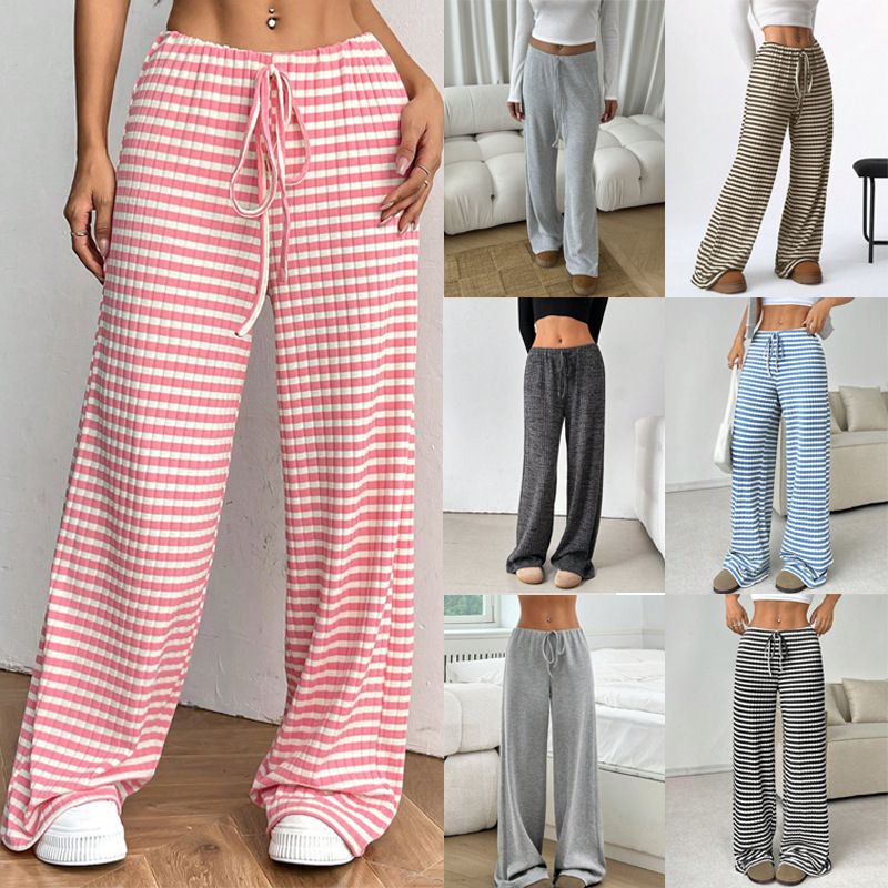 Women's Striped & Solid Cotton Straight-Leg Pants with Elastic Drawstring Waist
