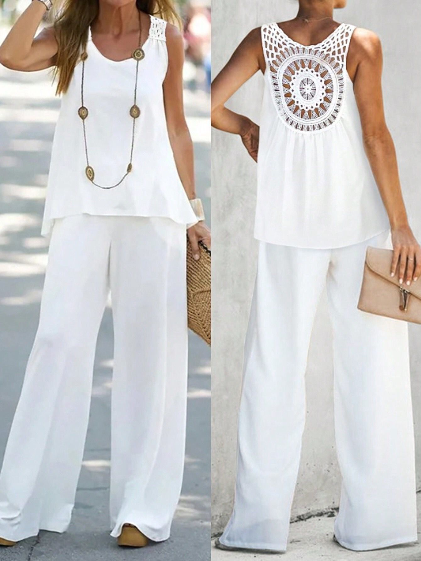Women's Solid Color Back Cutout Lace Trim Sleeveless Top Set