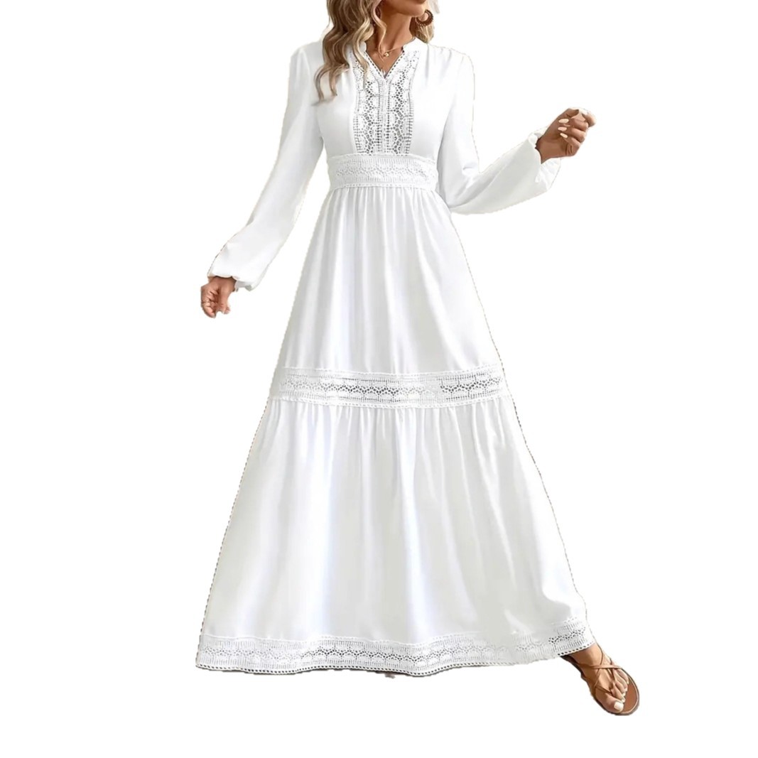 Elegant Lantern Sleeve Lace Cutout Maxi Dress with Full Skirt