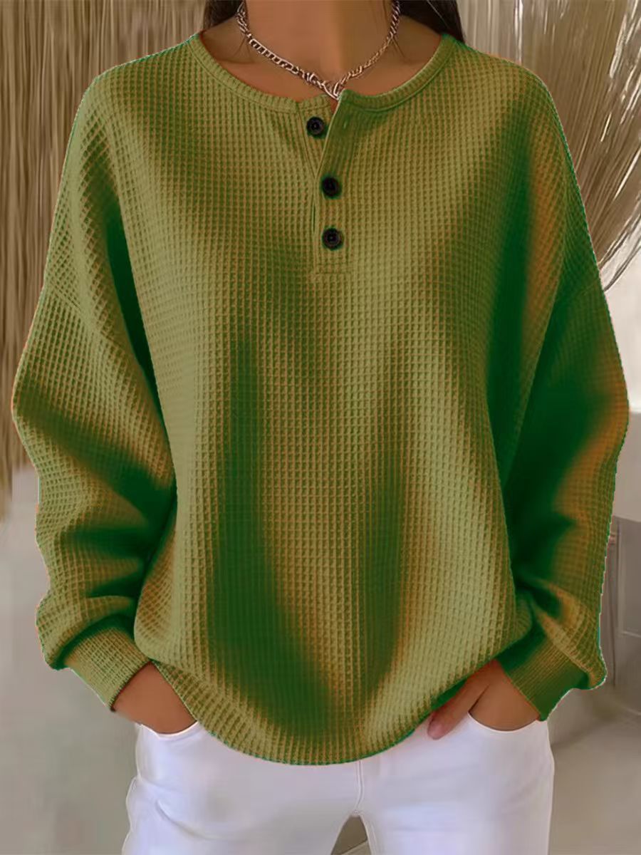Waffle Knit Crewneck Pullover Loose Fit Solid Color Top