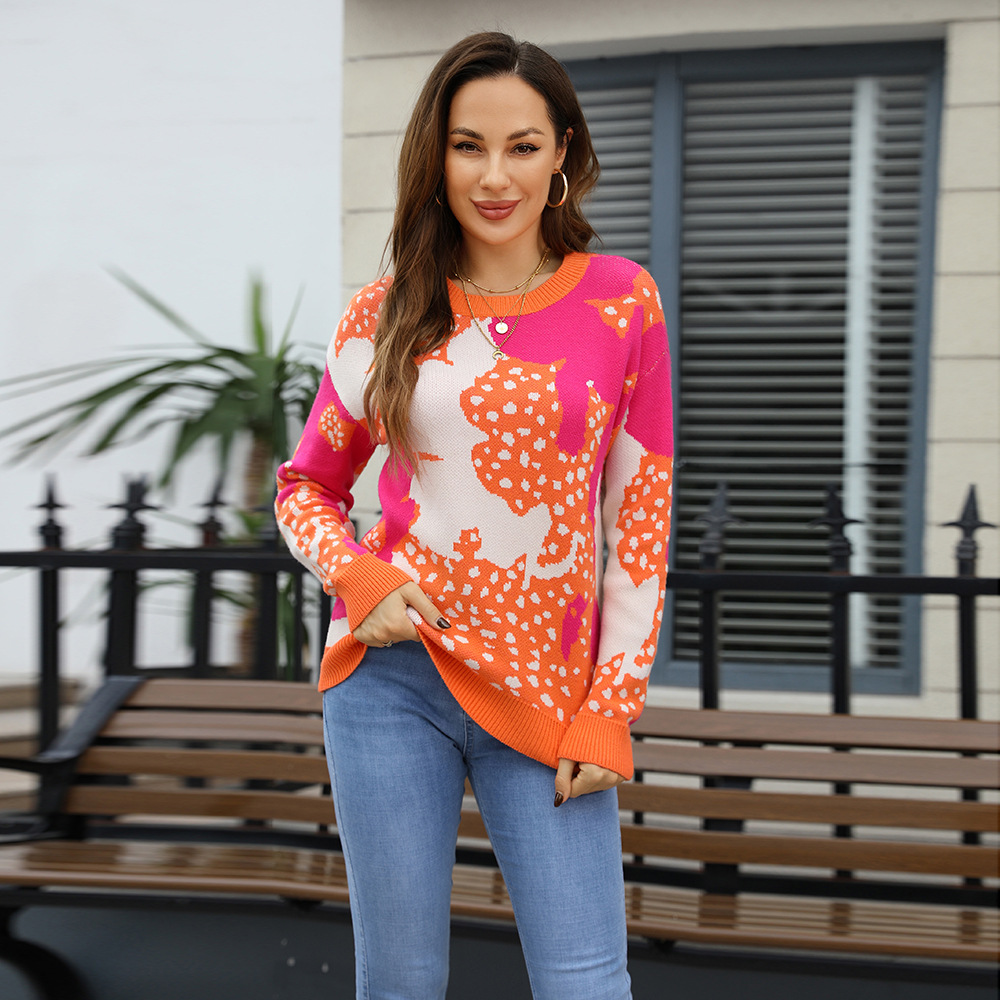 Women's Colorful Floral Jacquard Crewneck Pullover Sweater