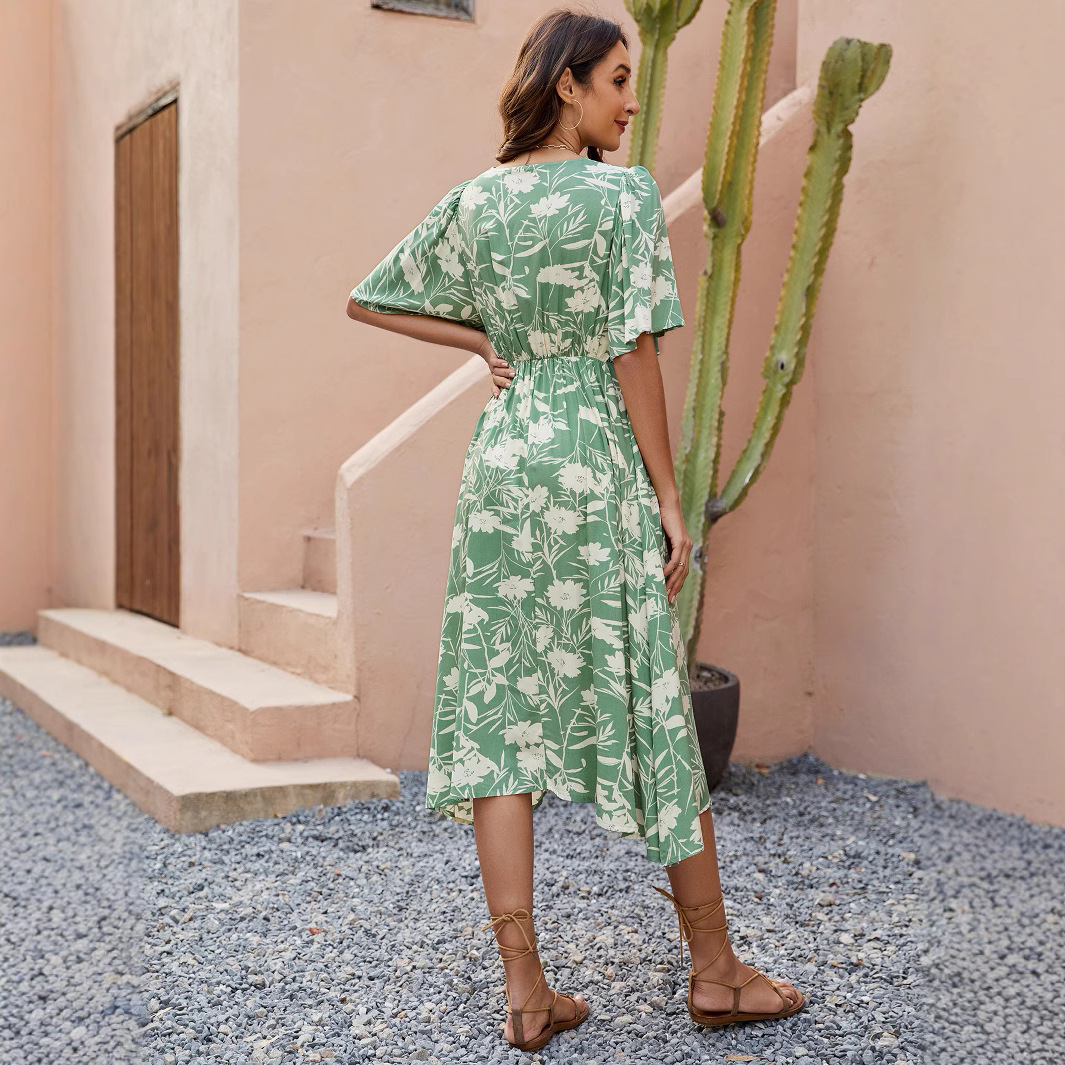 Floral Print V-Neck Short Sleeve Cinched Waist Midi Vacation Dress