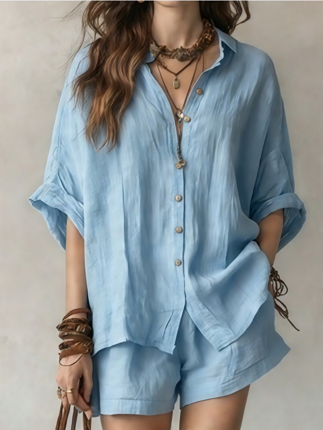 Women's Casual Two-Piece Set Loose Short Sleeve Collared Shirt and Shorts