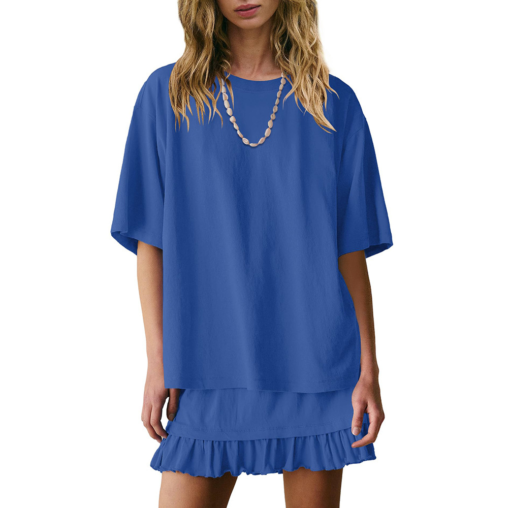 Women's Two-Piece Short Sleeve Top and Mini Skirt Set with Ruffle Trim
