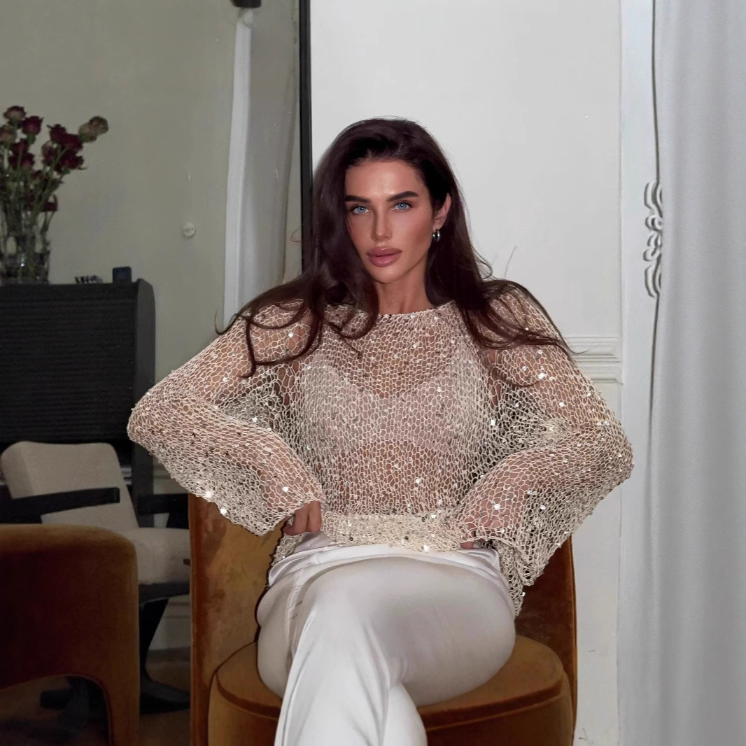 Sequin Knit Long-Sleeve Top Slim Fit Crewneck