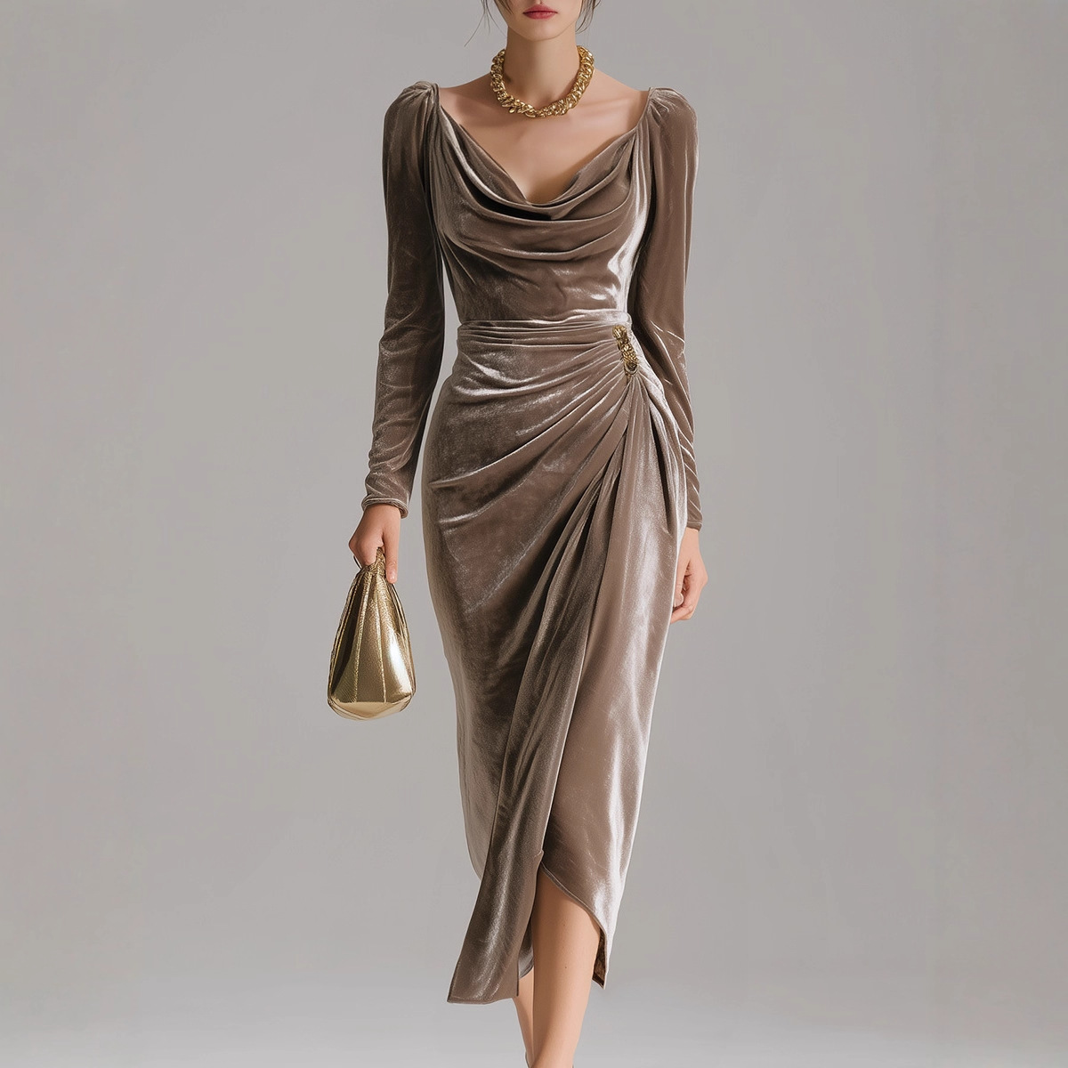 V-Neck Off-Shoulder Slit Midi Velvet Dress