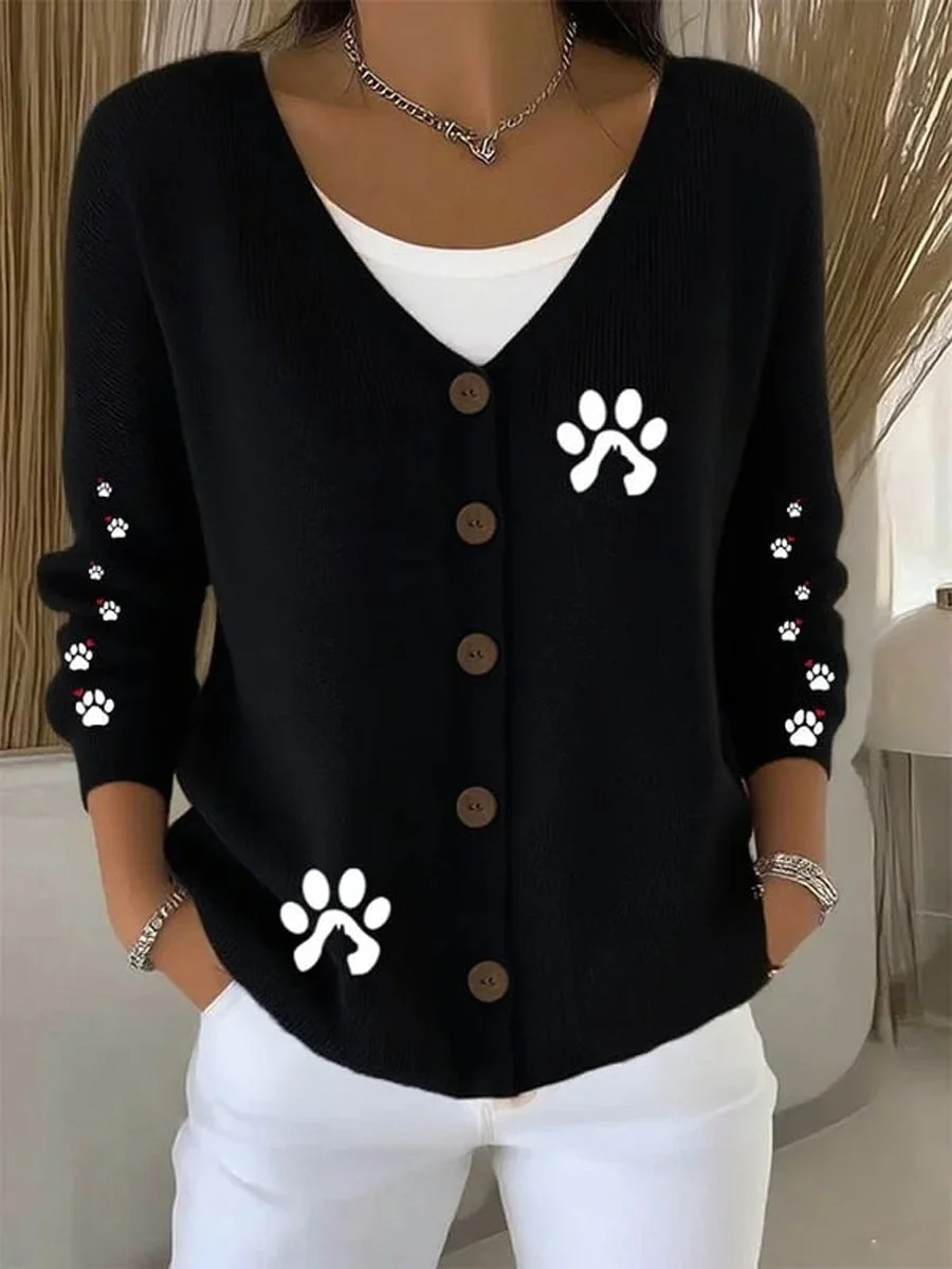Women's Pet Print Ribbon Ghost Button Cardigan Sweater