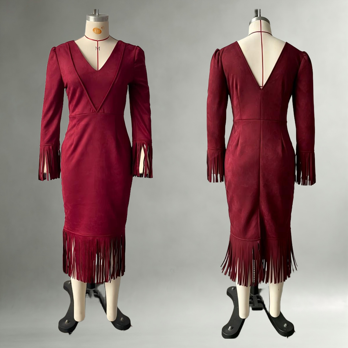 Retro Western Cowgirl Fitted Long Sleeve Fringe Dress