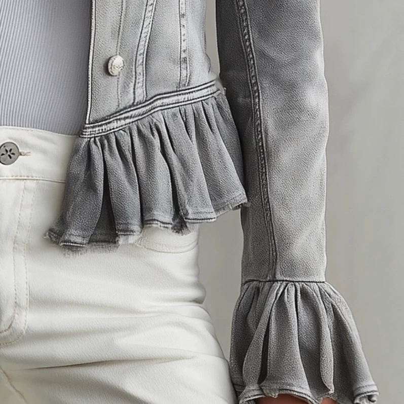 Gray Denim Jacket with Flared Sleeves and Ruffle Hem