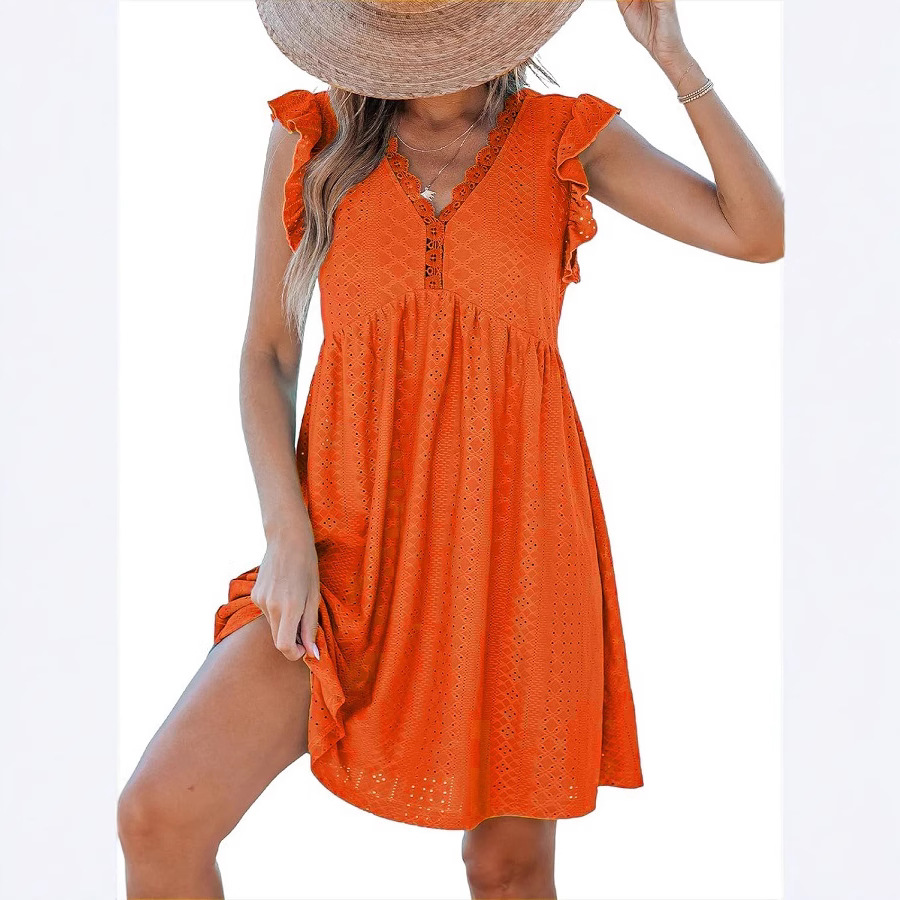 Women's V-Neck Lace Trim Cutout Short Sleeve Smock Dress