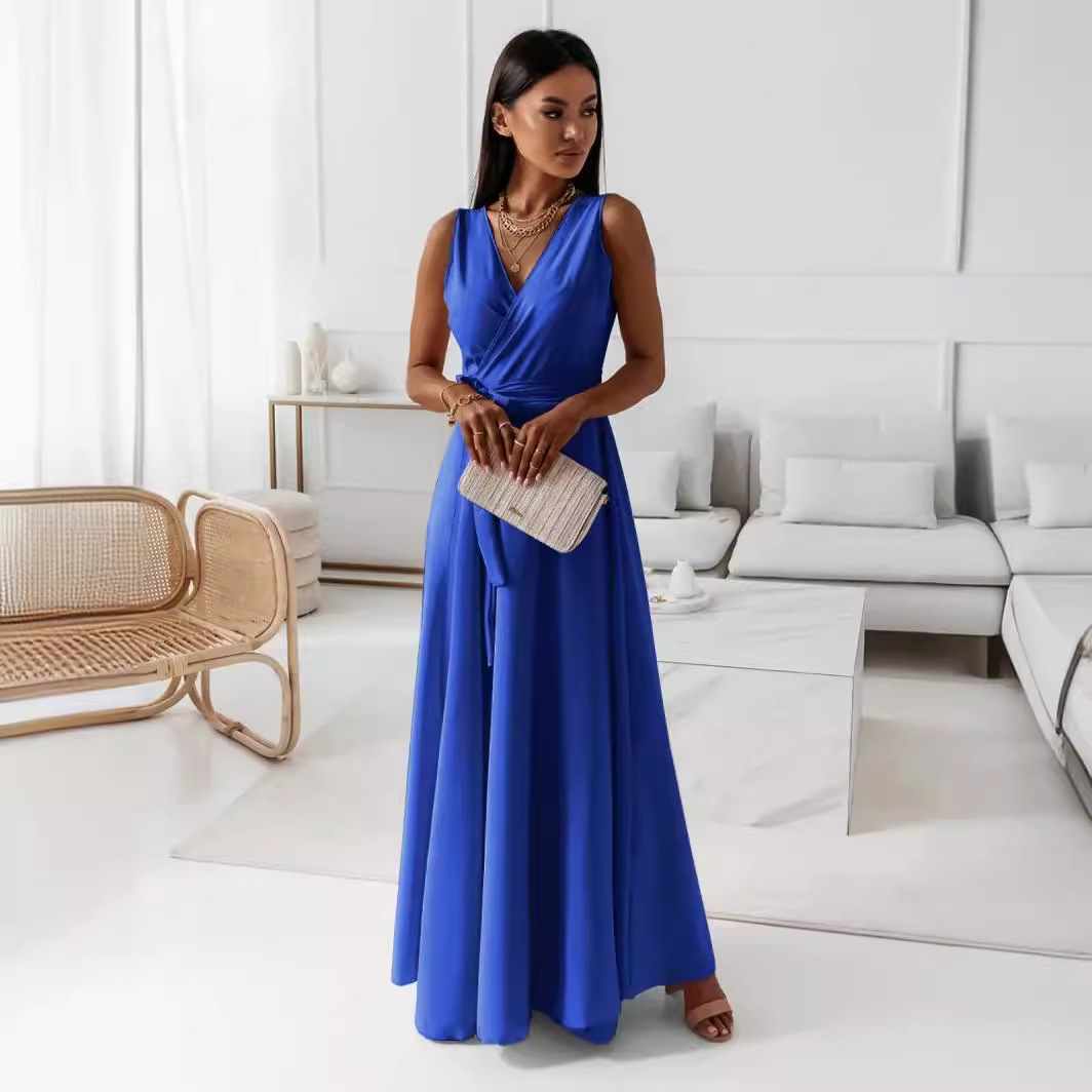 Women's Solid V-Neck Sleeveless A-Line Maxi Dress with Belt