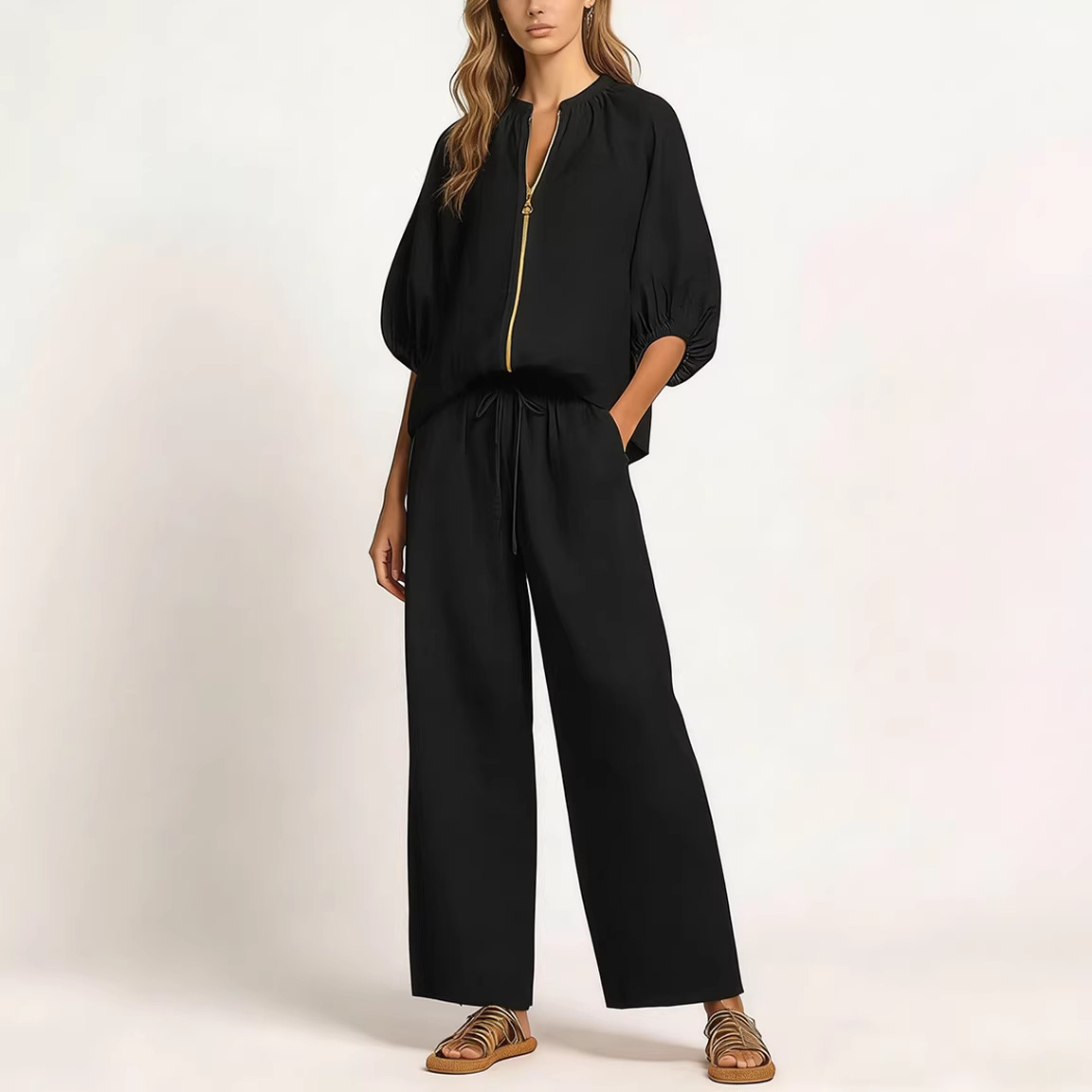 Women's Casual Solid Color Zip-Up Wide-Leg Pants Set