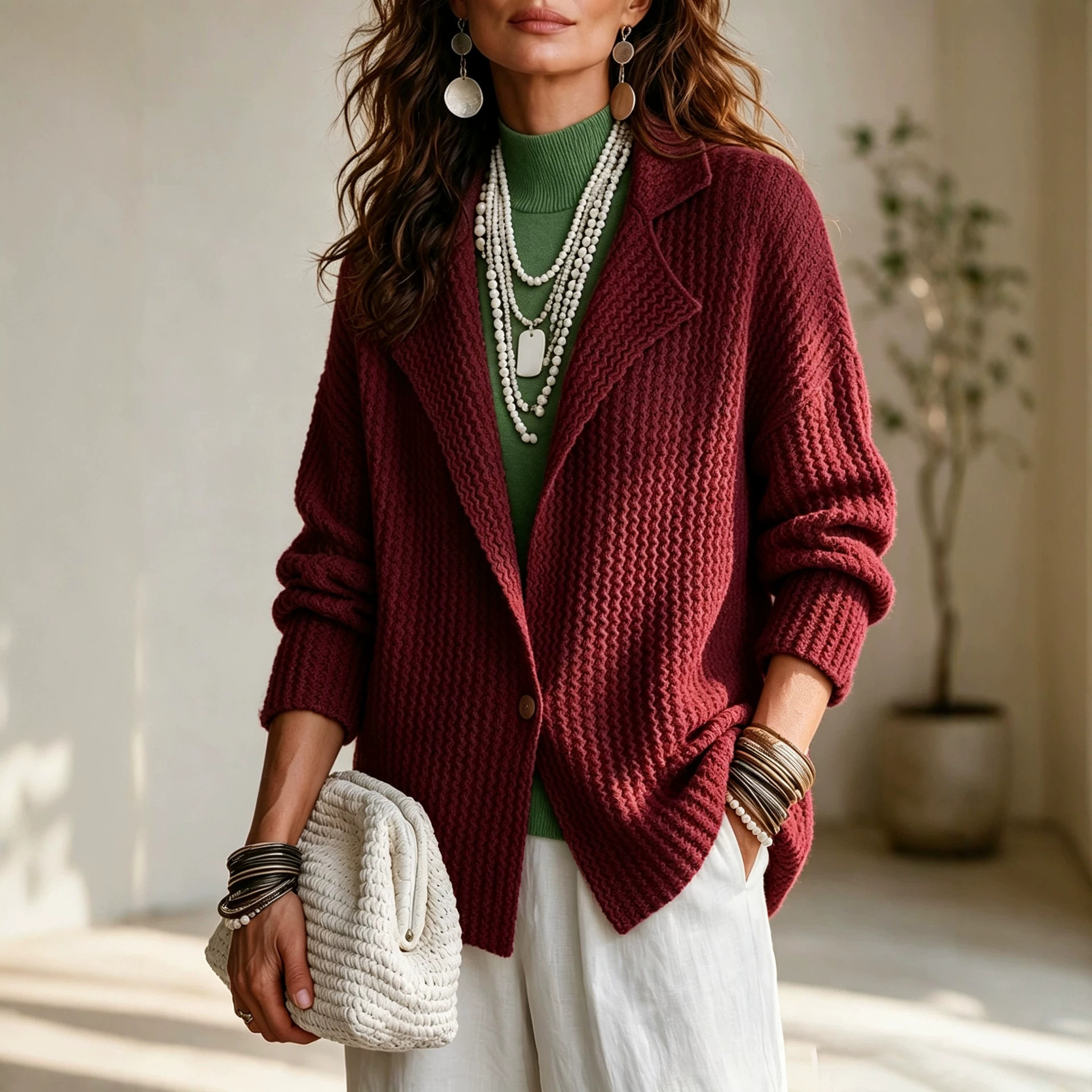 Women's Textured Knit Cardigan with Blazer Collar Single Button Loose Fit