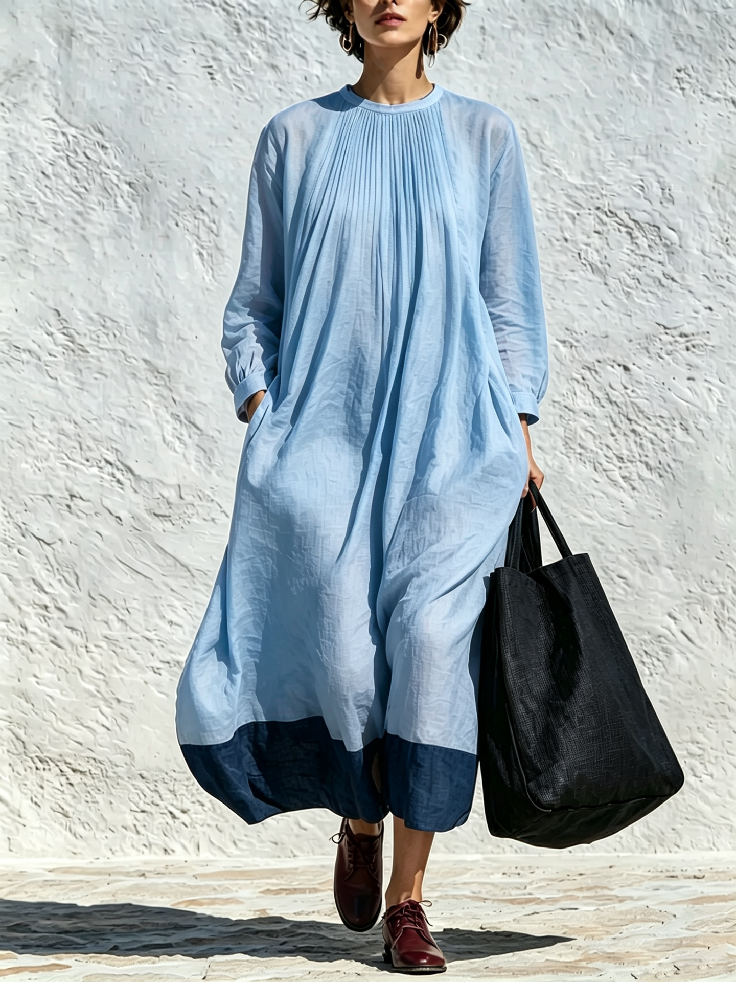 Women's Crewneck Pleated Colorblock Linen Blend Loose Long Sleeve Dress