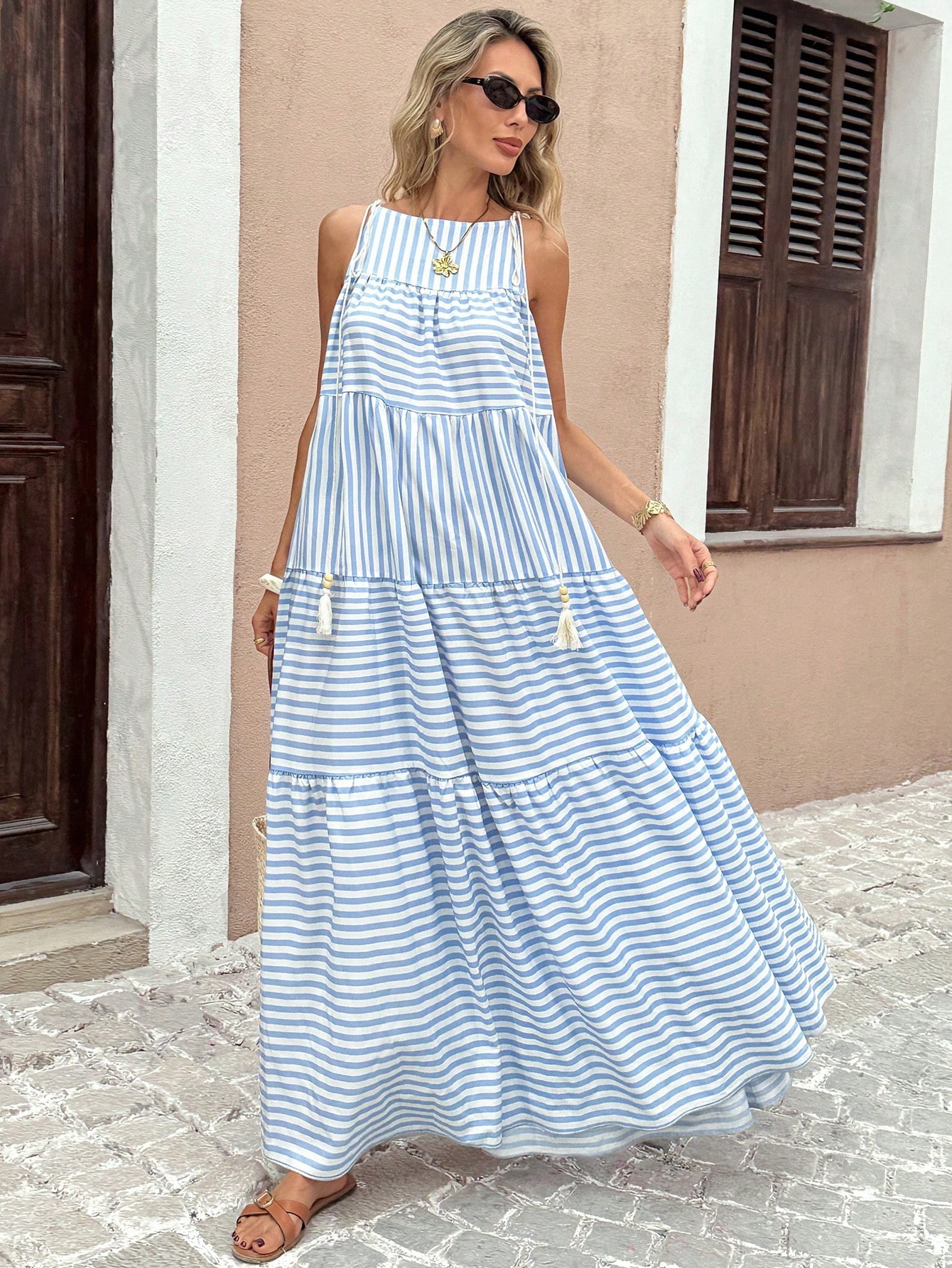 Women's Striped Fringe Tiered Cami Maxi Dress Beach Vacation